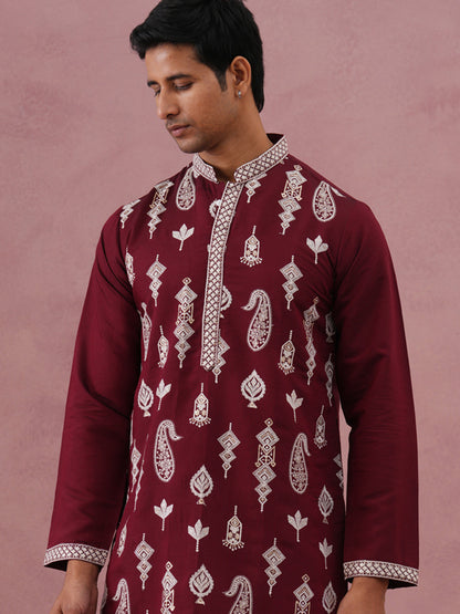 Silk Blend Ethnic Embroidered Kurta For Men