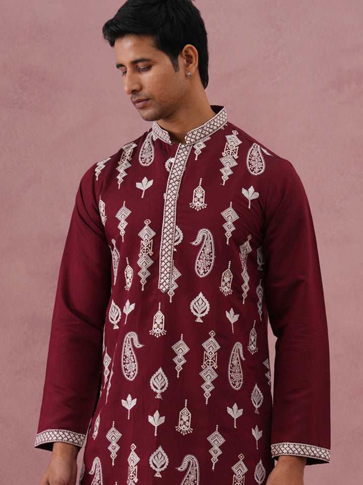 Silk Blend Ethnic Embroidered Kurta For Men