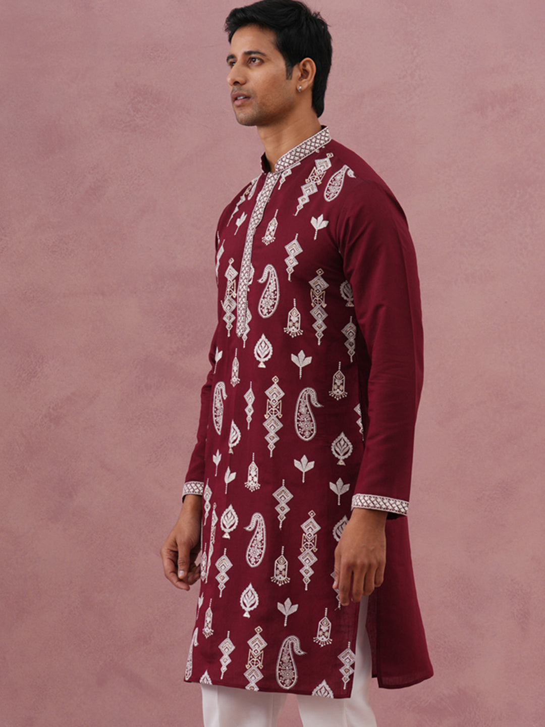 Silk Blend Ethnic Embroidered Kurta For Men