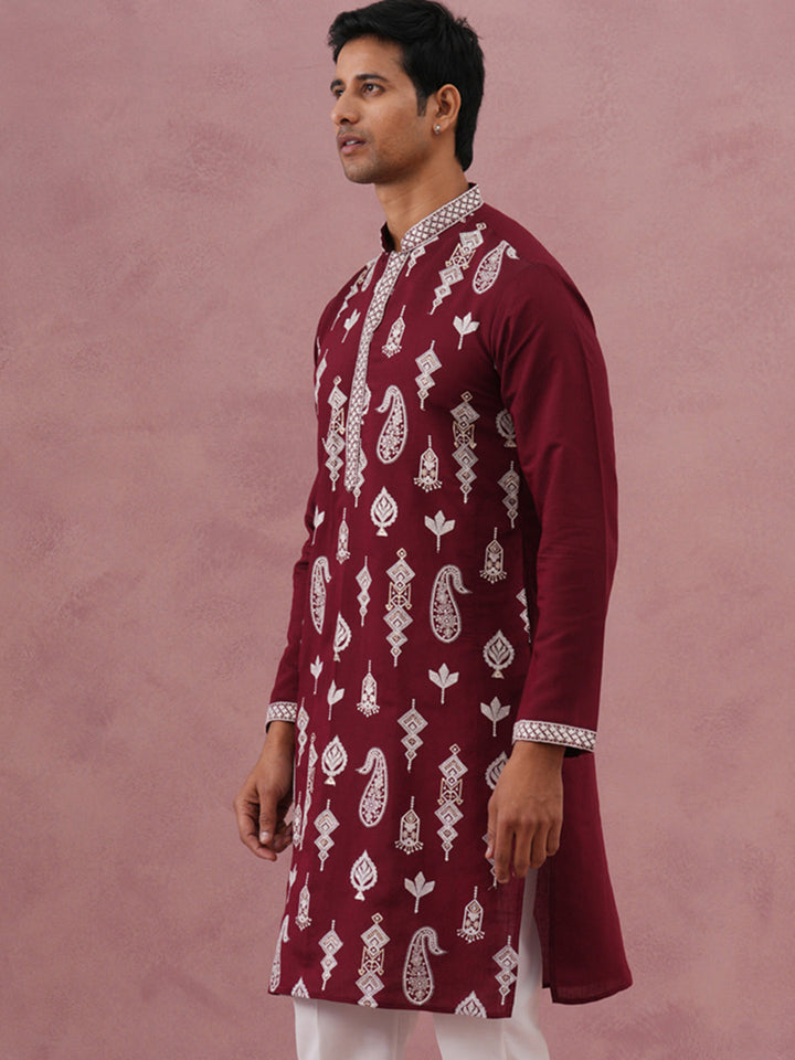 Silk Blend Ethnic Embroidered Kurta For Men