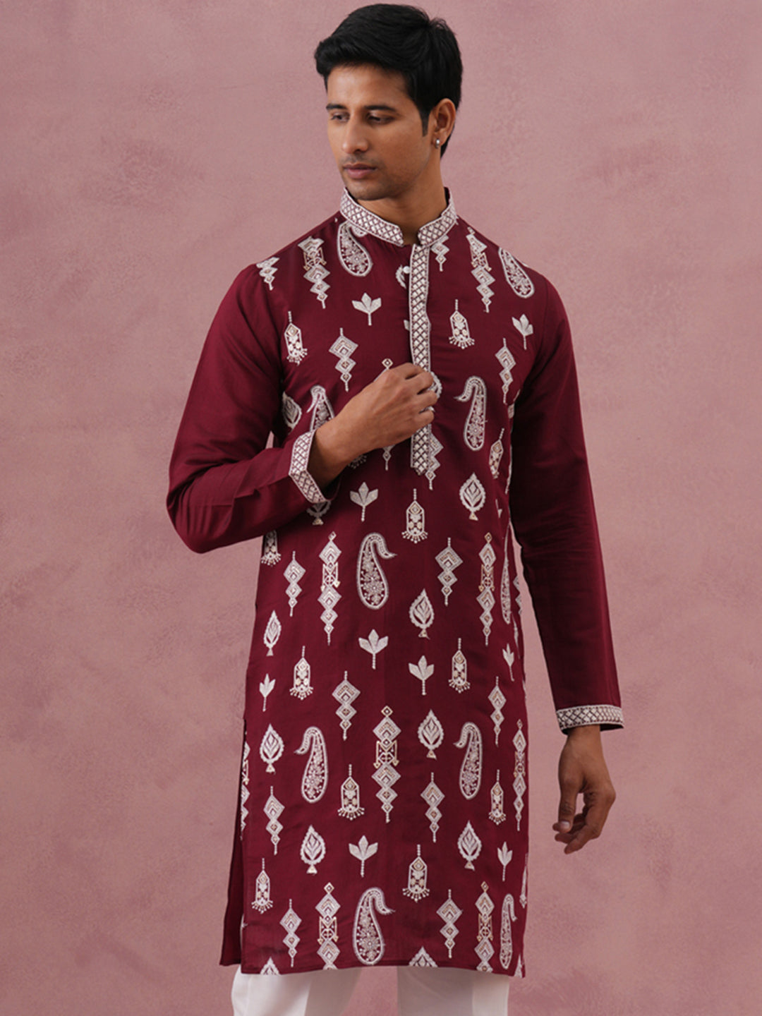 Silk Blend Ethnic Embroidered Kurta For Men