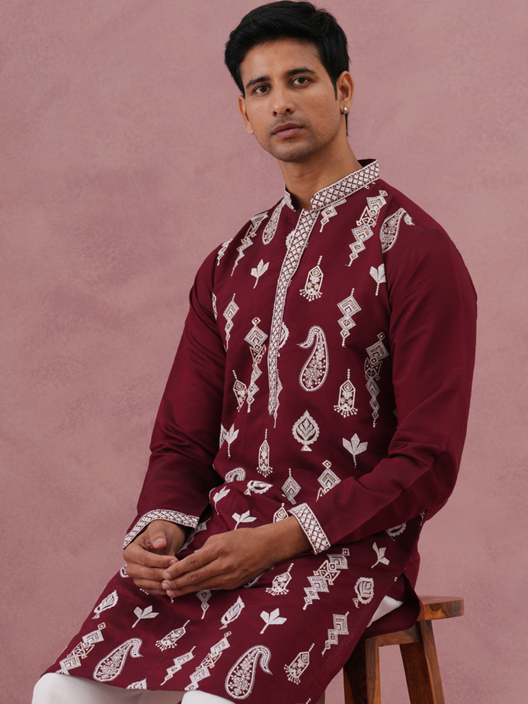 Silk Blend Ethnic Embroidered Kurta For Men