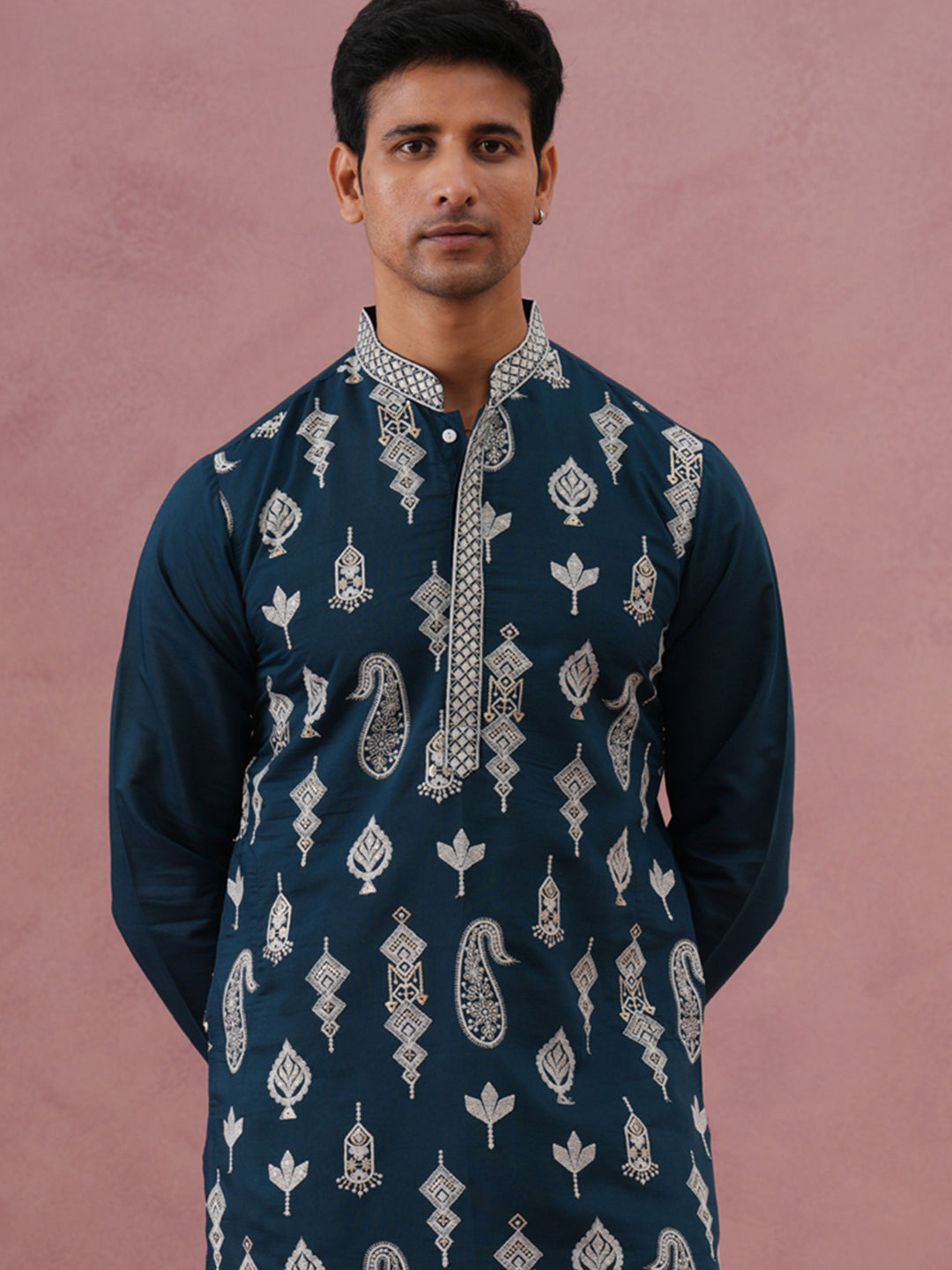 Silk Blend Ethnic Embroidered Kurta For Men