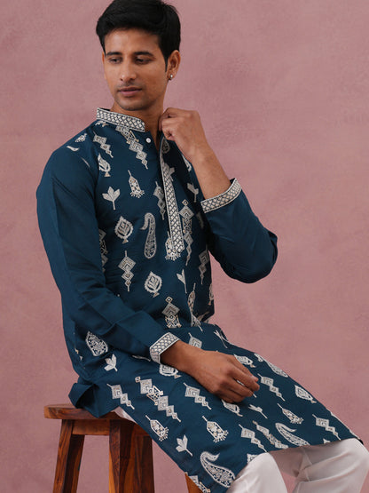 Silk Blend Ethnic Embroidered Kurta For Men