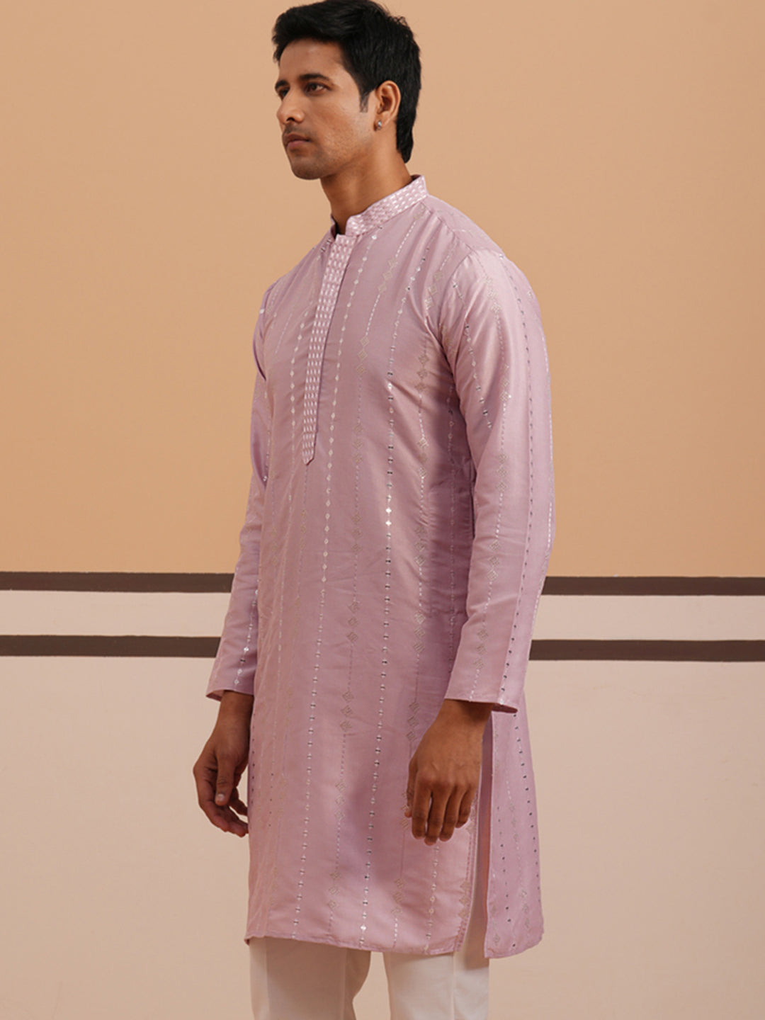 Traditional Silk-Blend Lavender Kurta For Men