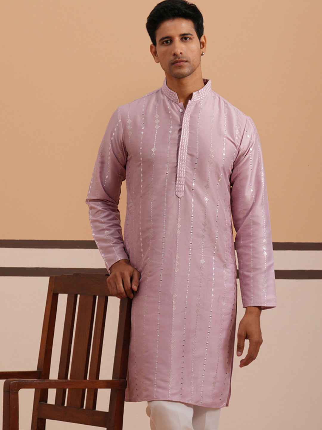 Traditional Silk-Blend Lavender Kurta For Men