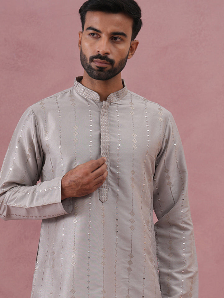 Traditional Silk-Blend Silver Kurta For Men