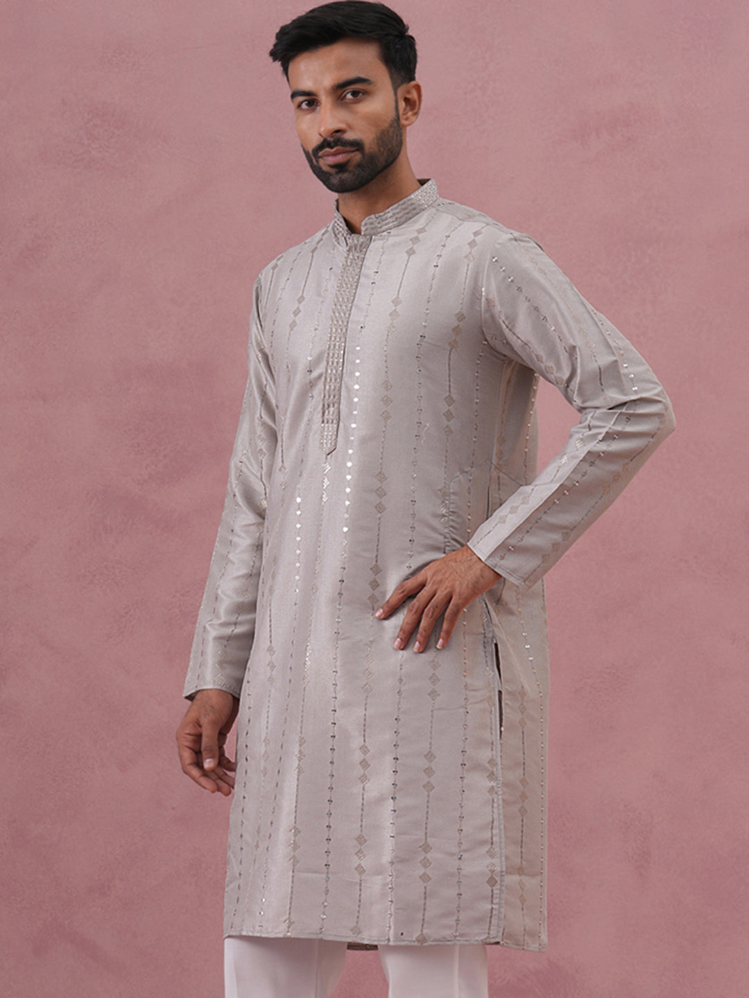 Traditional Silk-Blend Silver Kurta For Men