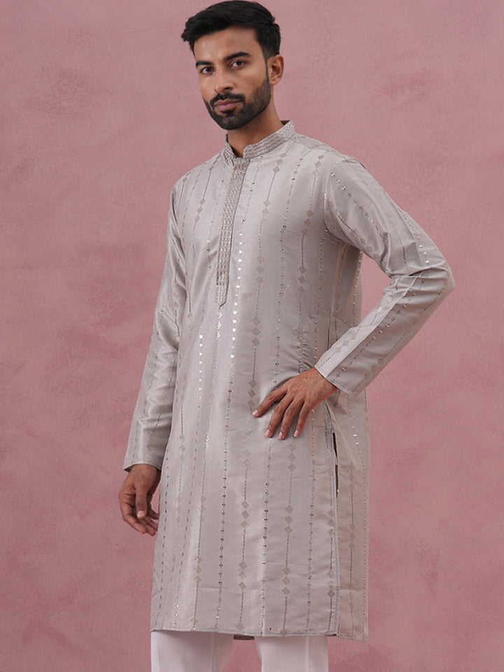 Traditional Silk-Blend Silver Kurta For Men