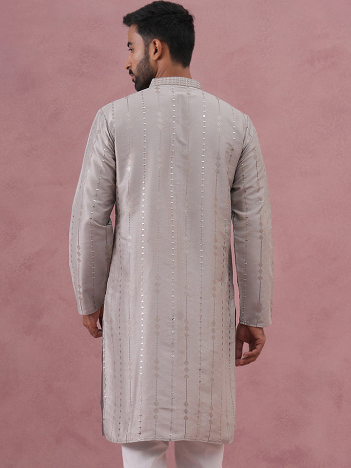 Traditional Silk-Blend Silver Kurta For Men