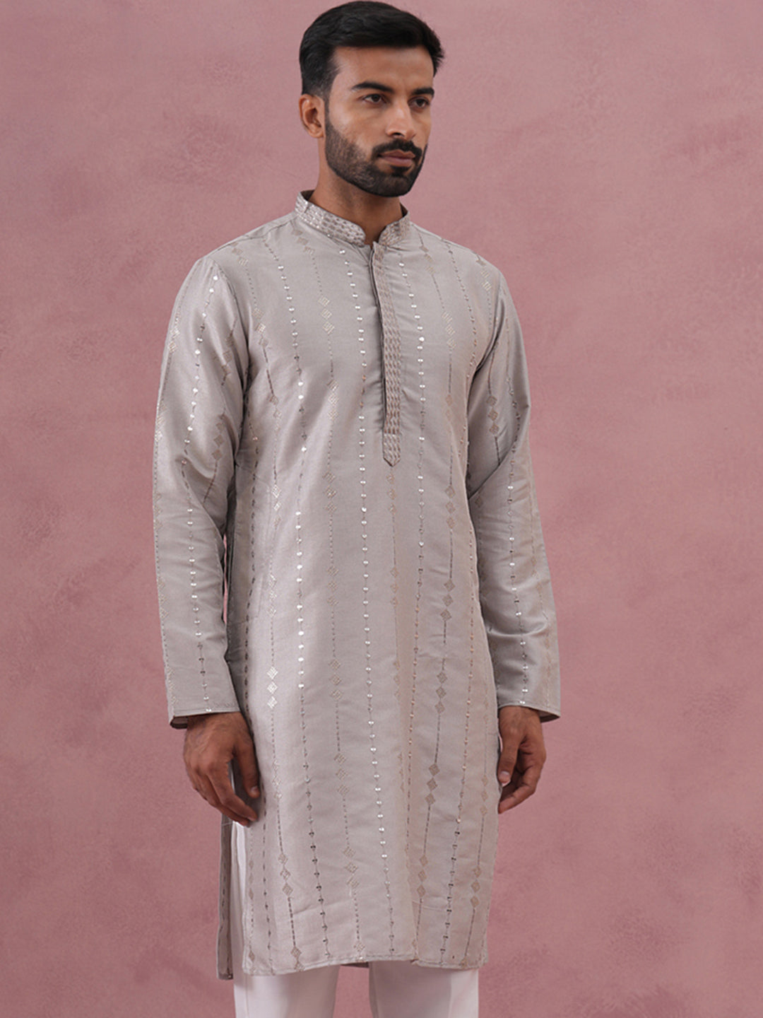 Traditional Silk-Blend Silver Kurta For Men