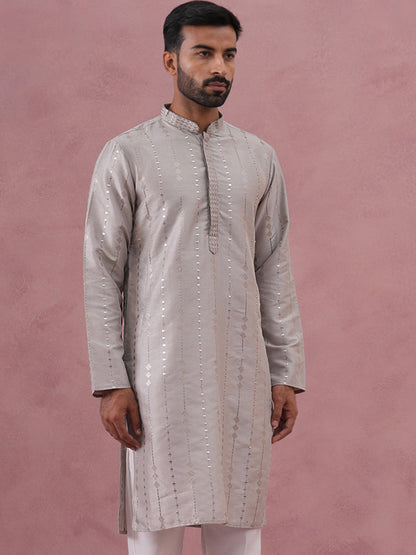Traditional Silk-Blend Silver Kurta For Men
