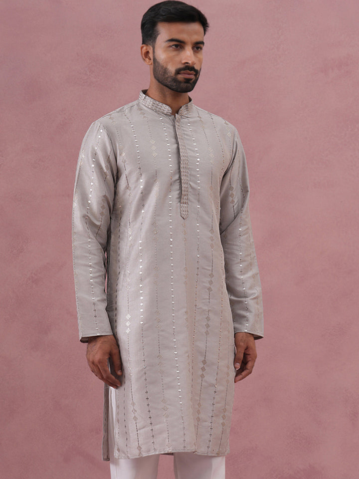 Traditional Silk-Blend Silver Kurta For Men