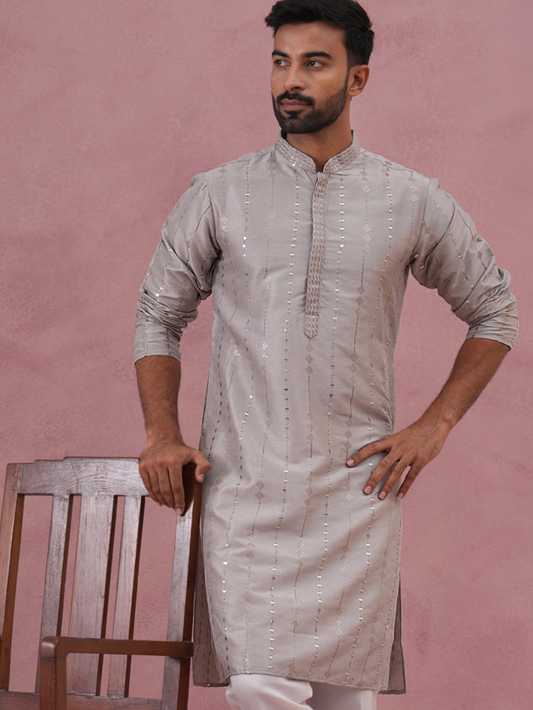 Traditional Silk-Blend Silver Kurta For Men