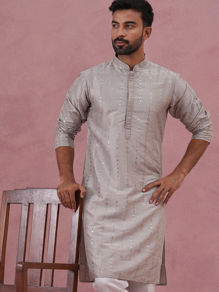 Traditional Silk-Blend Silver Kurta For Men
