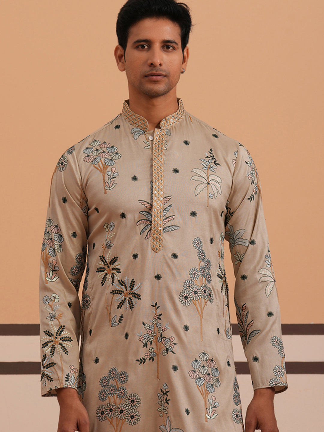 Botanical Embroidered Cotton Blend Kurta For Men