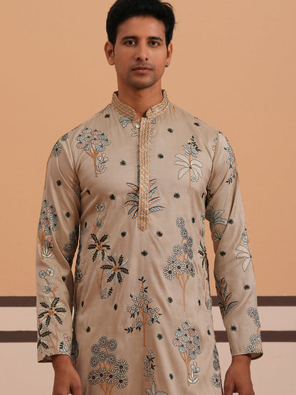 Botanical Embroidered Cotton Blend Kurta For Men
