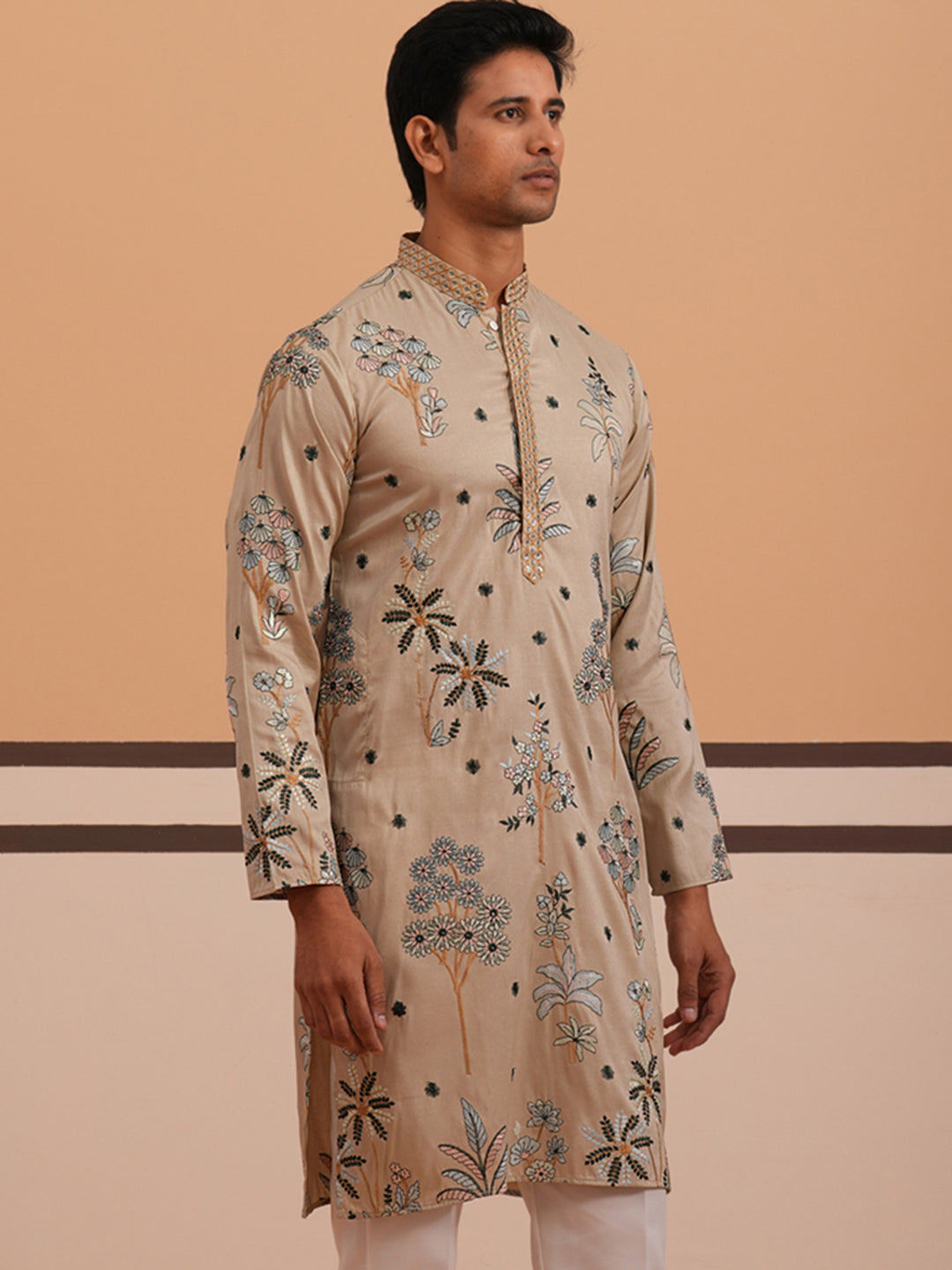 Botanical Embroidered Cotton Blend Kurta For Men