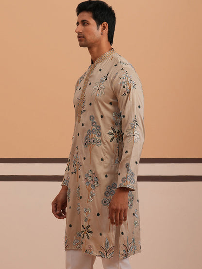 Botanical Embroidered Cotton Blend Kurta For Men