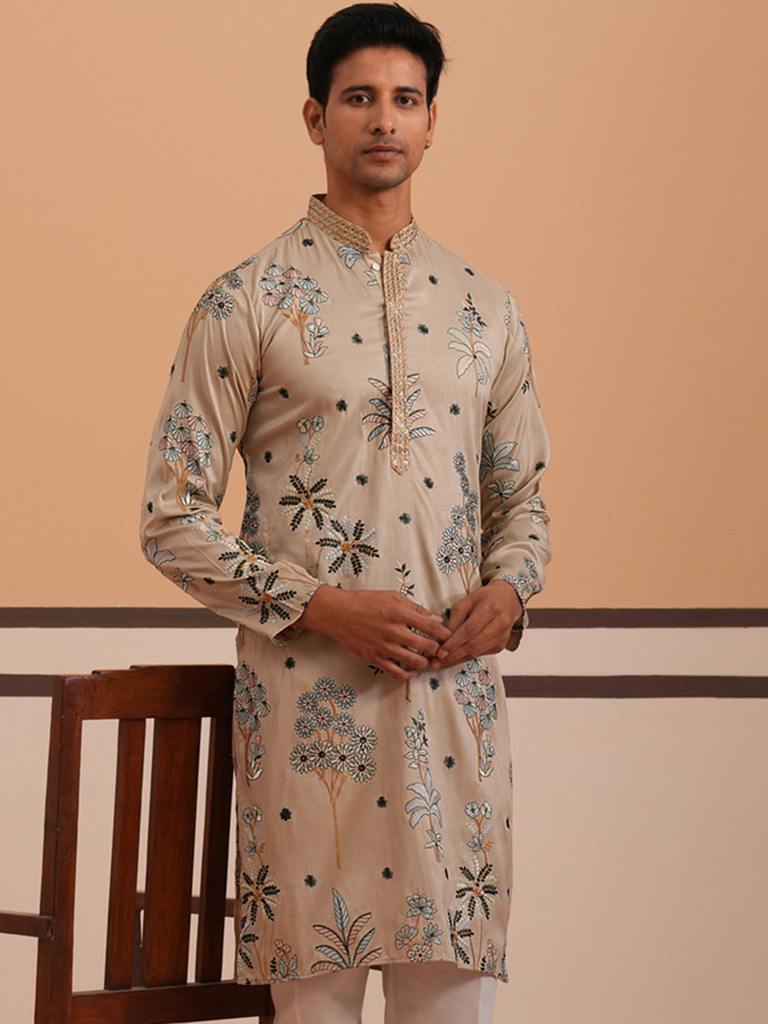 Botanical Embroidered Cotton Blend Kurta For Men