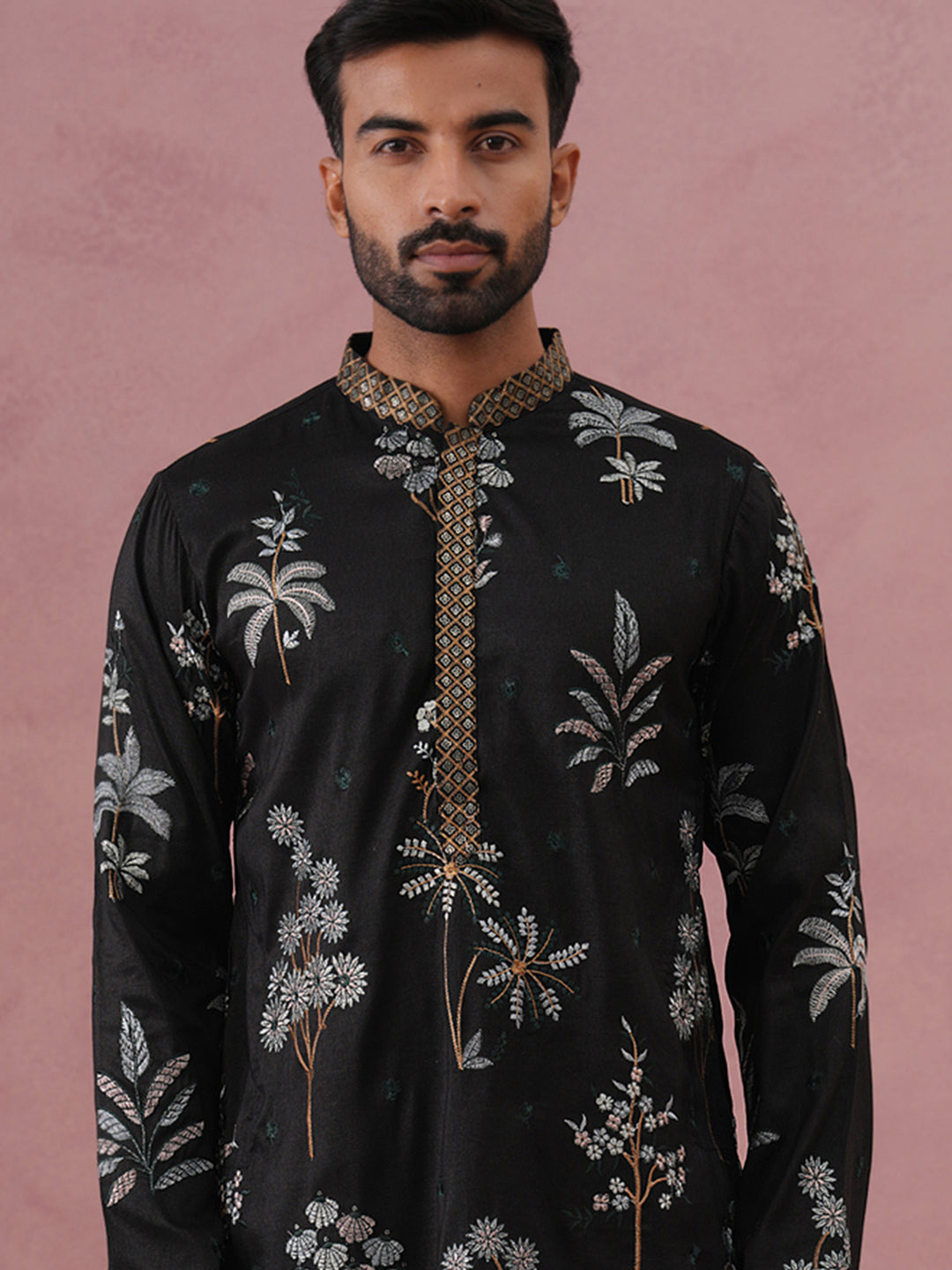 Botanical Embroidered Cotton Blend Kurta For Men