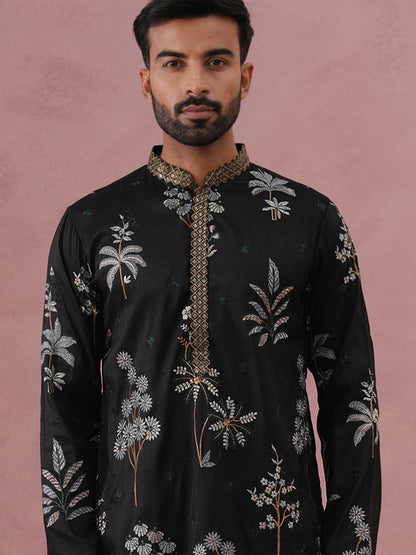 Botanical Embroidered Cotton Blend Kurta For Men