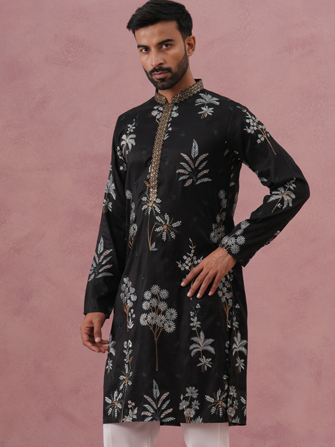 Botanical Embroidered Cotton Blend Kurta For Men