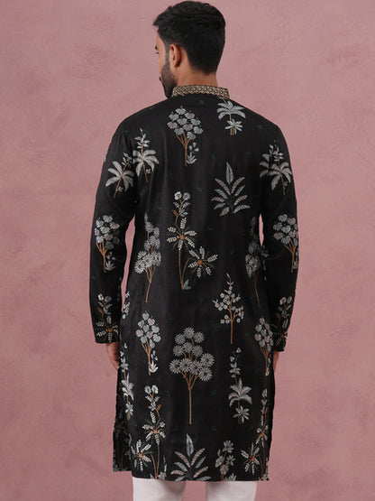 Botanical Embroidered Cotton Blend Kurta For Men