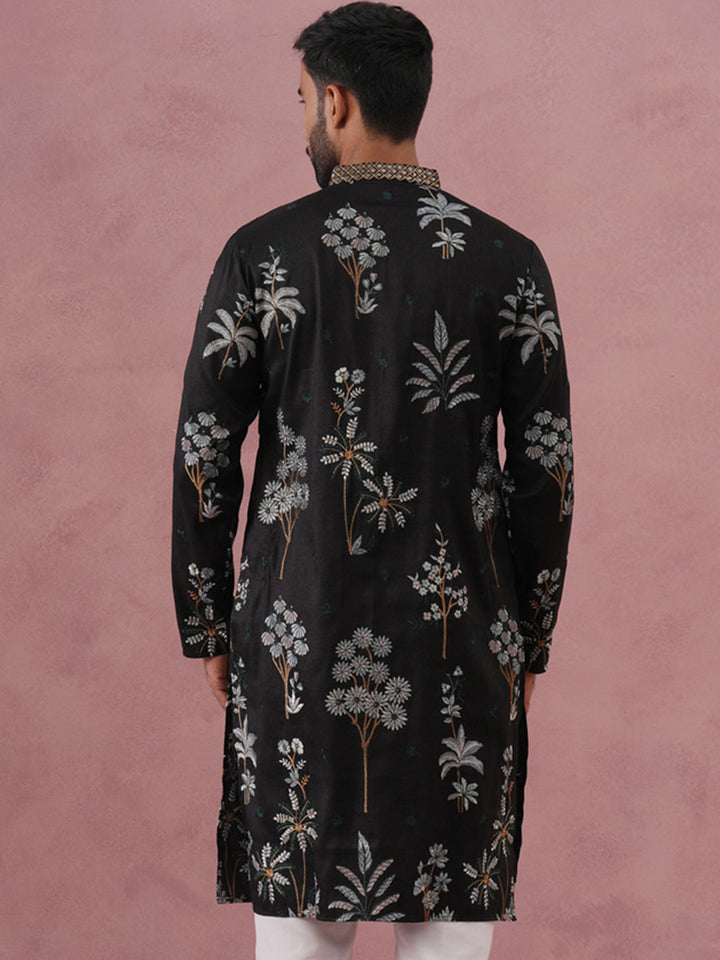 Botanical Embroidered Cotton Blend Kurta For Men