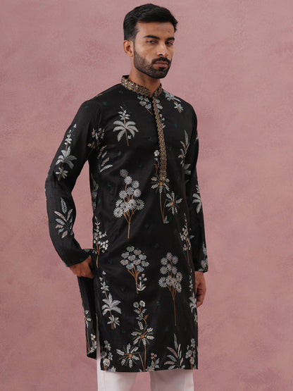 Botanical Embroidered Cotton Blend Kurta For Men