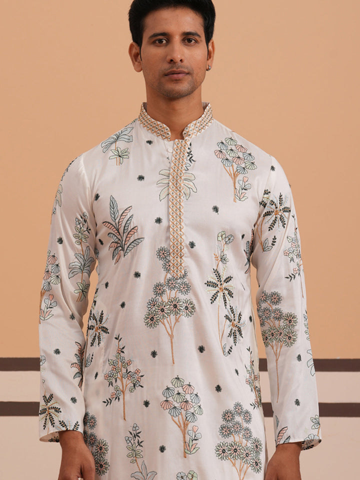 Botanical Embroidered Cotton Blend Kurta For Men