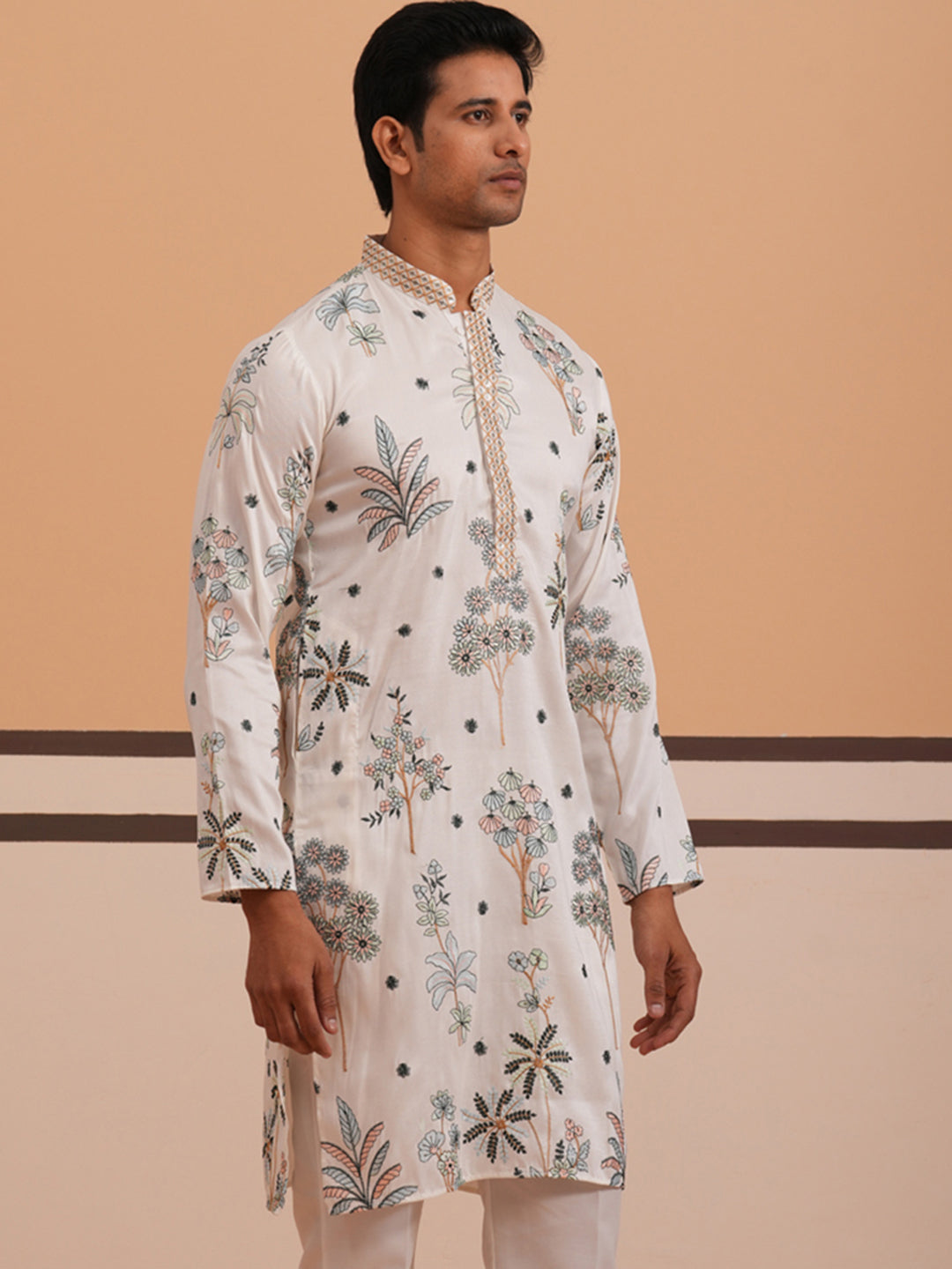 Botanical Embroidered Cotton Blend Kurta For Men