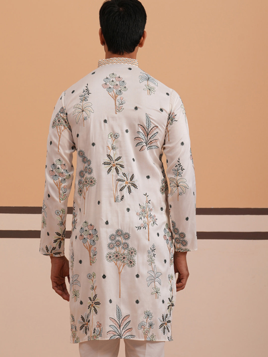 Botanical Embroidered Cotton Blend Kurta For Men
