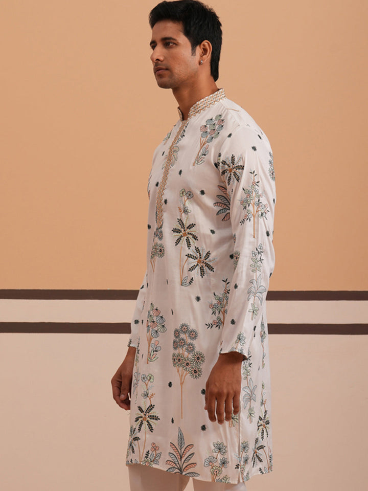 Botanical Embroidered Cotton Blend Kurta For Men