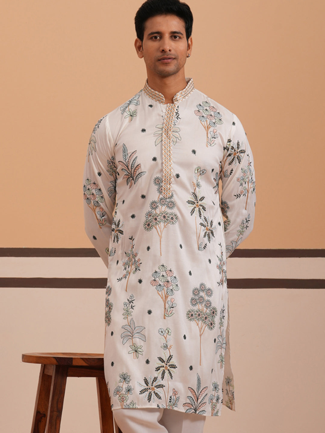 Botanical Embroidered Cotton Blend Kurta For Men