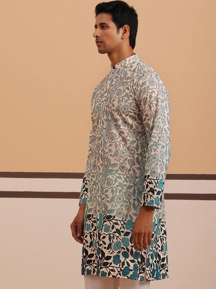 Men’S Printed Kurta With Embroidered Detailing