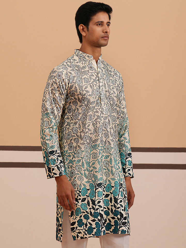 Men’S Printed Kurta With Embroidered Detailing