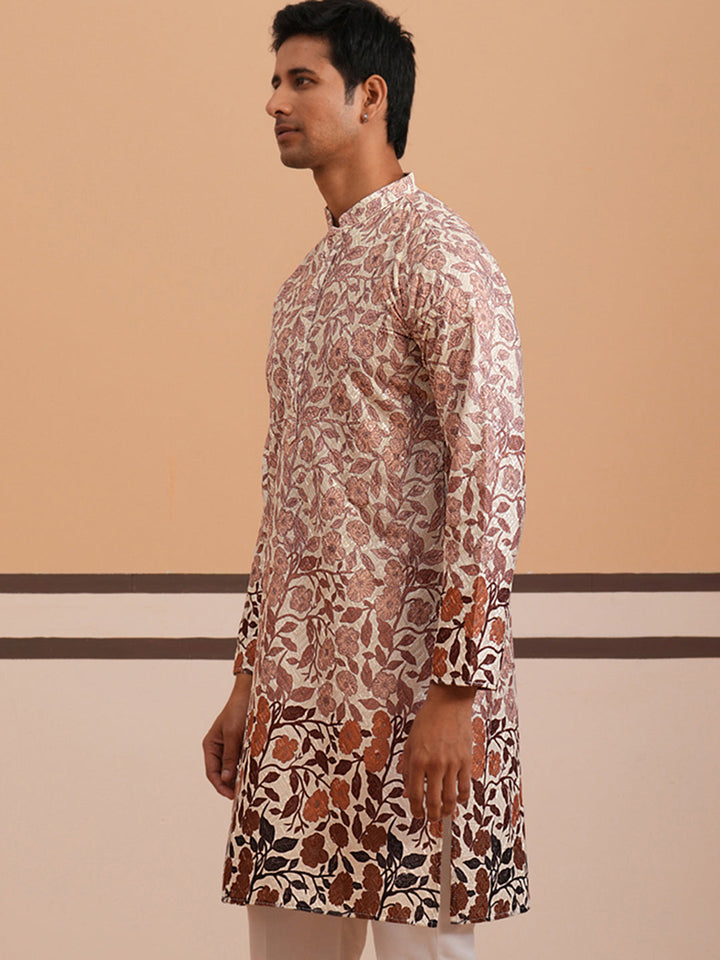 Men’S Printed Kurta With Embroidered Detailing