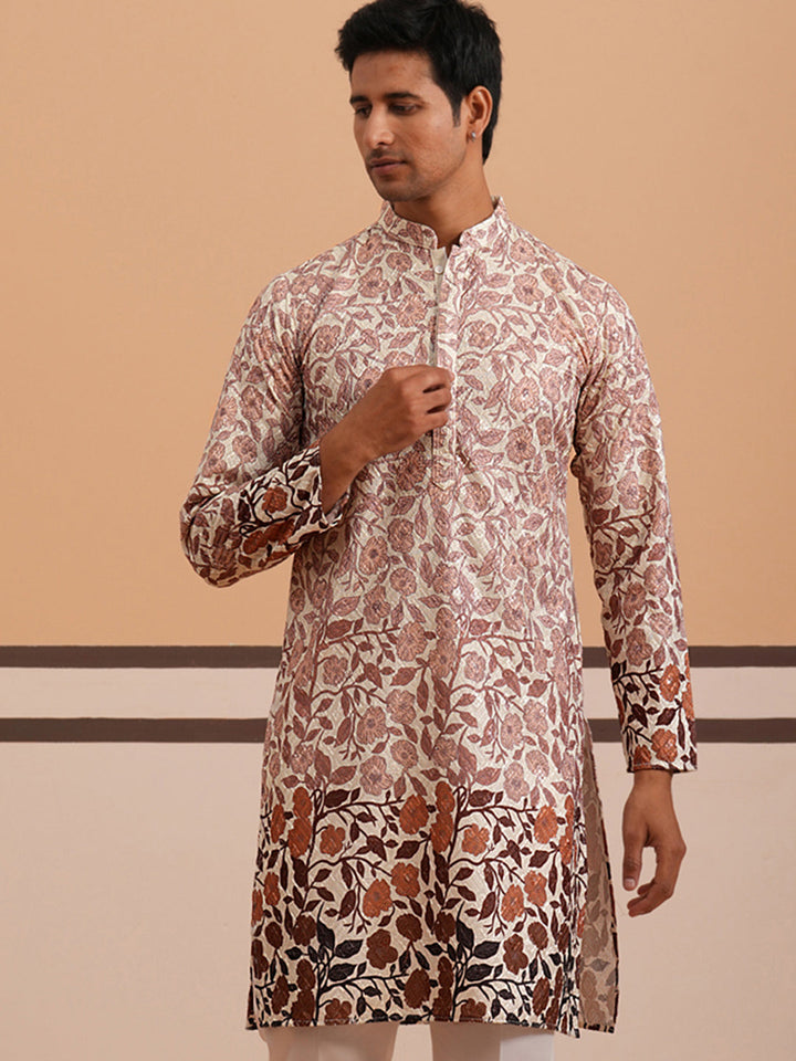 Men’S Printed Kurta With Embroidered Detailing