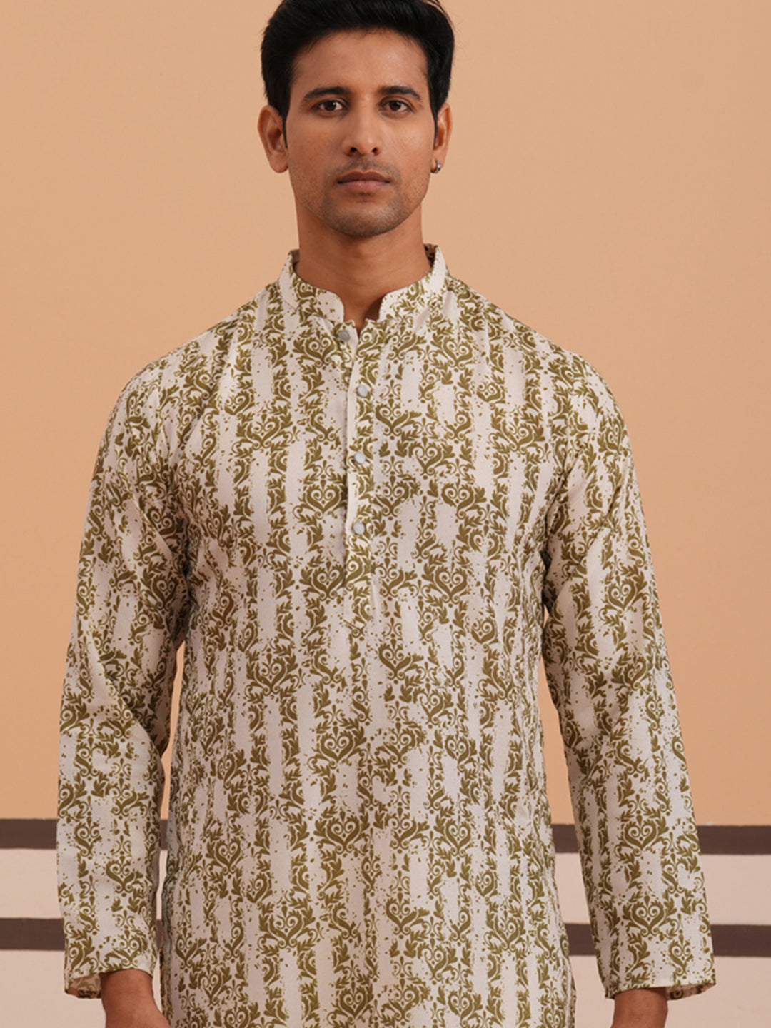 Olive Ethnic Printed Kurta For Men