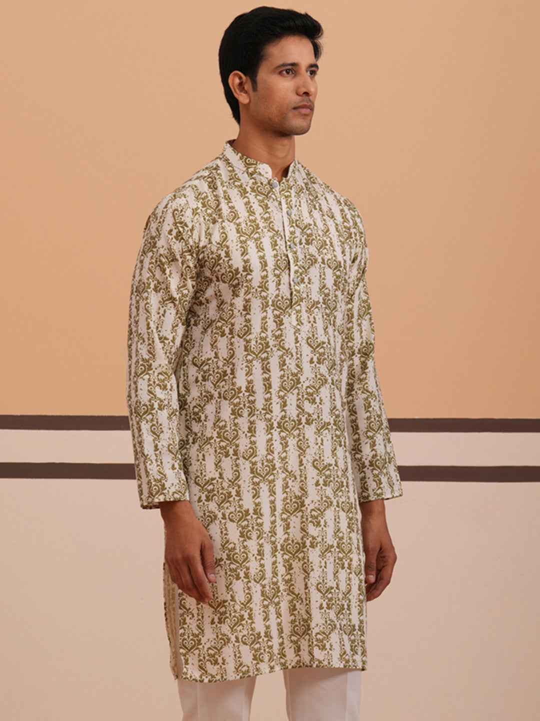Olive Ethnic Printed Kurta For Men