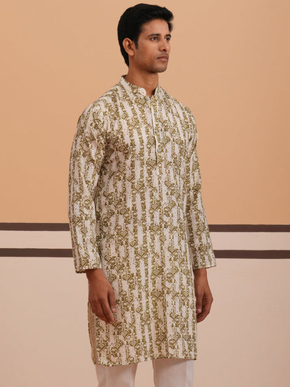 Olive Ethnic Printed Kurta For Men