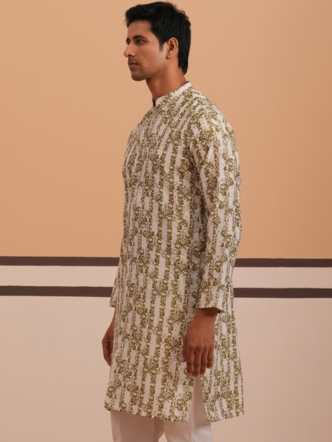 Olive Ethnic Printed Kurta For Men