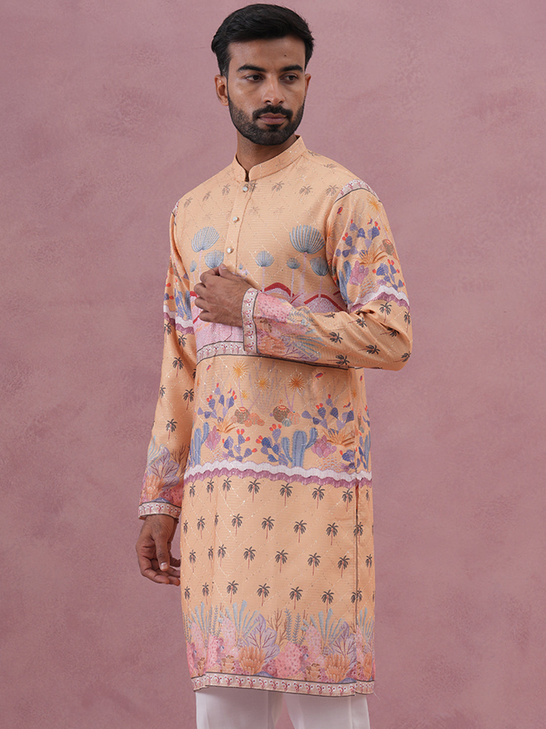 Men’S Cotton Blend Festive Printed Kurta