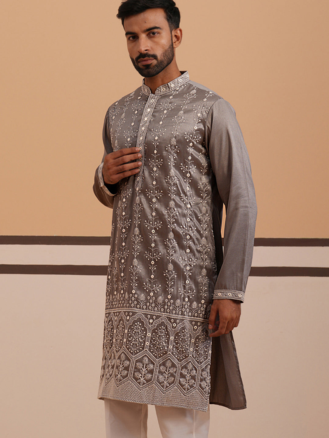 Festive Silk Blend Kurta With Sequins Work