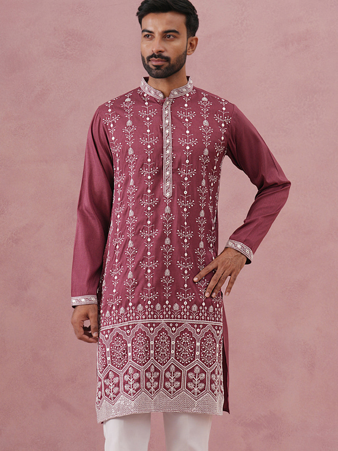 Festive Silk Blend Kurta With Sequins Work