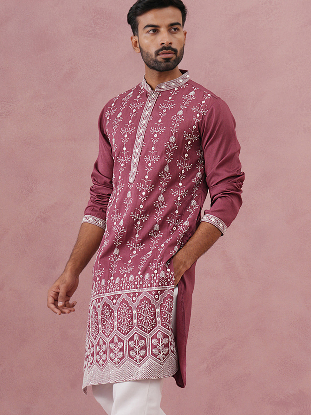 Festive Silk Blend Kurta With Sequins Work