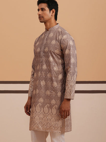 Embroidered Cotton-Blend Kurta With Paisley Design
