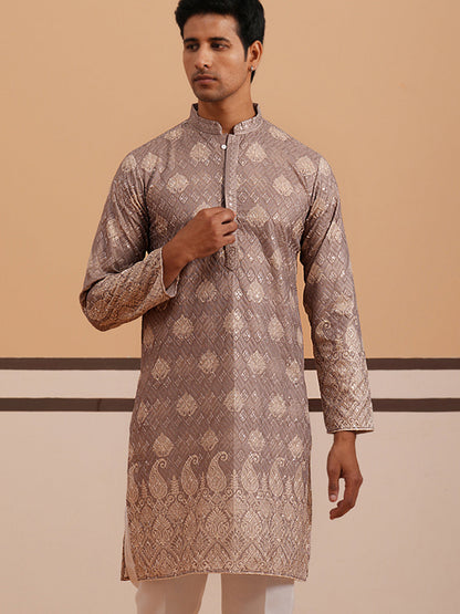 Embroidered Cotton-Blend Kurta With Paisley Design