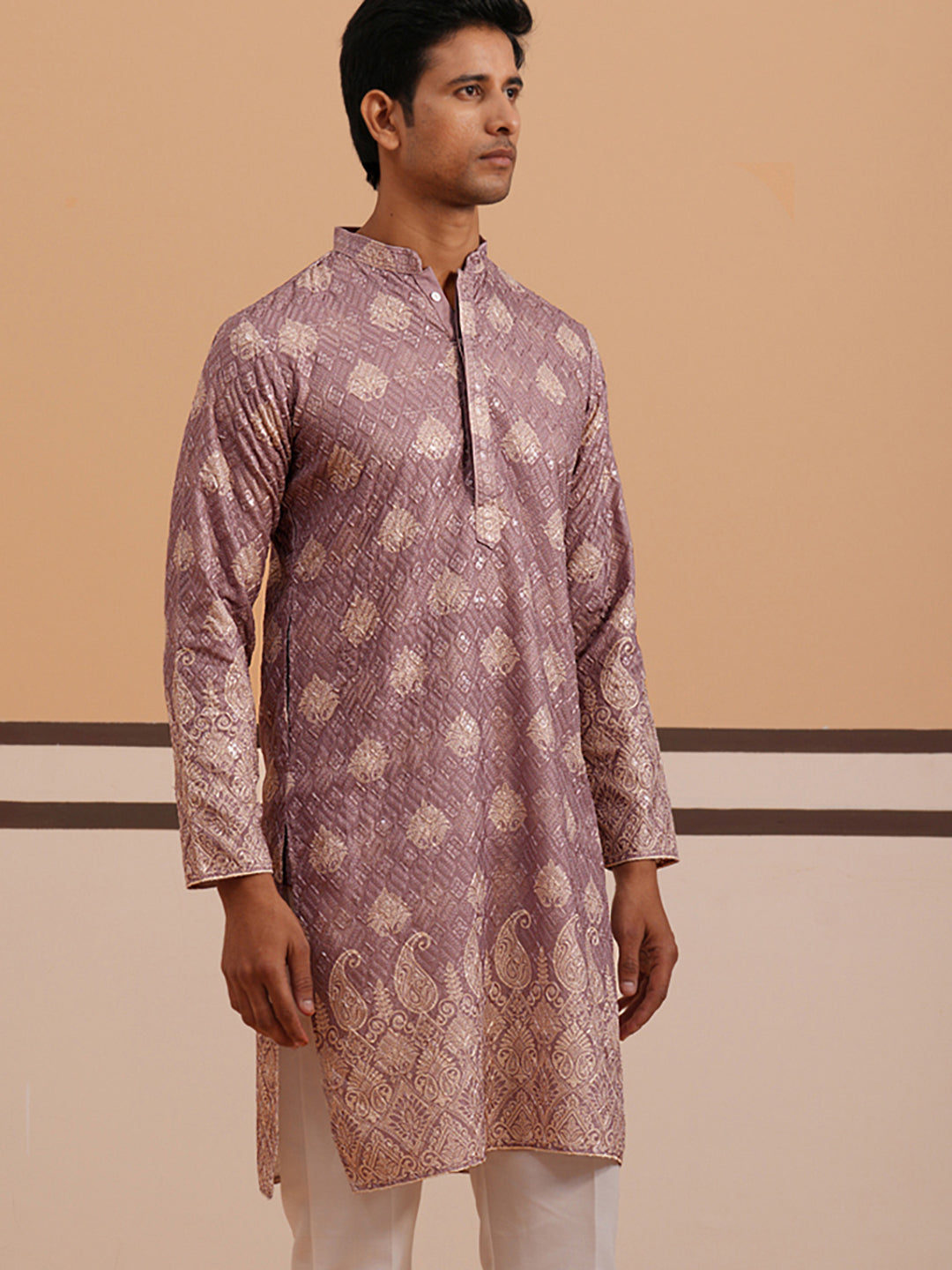 Embroidered Cotton-Blend Kurta With Paisley Design
